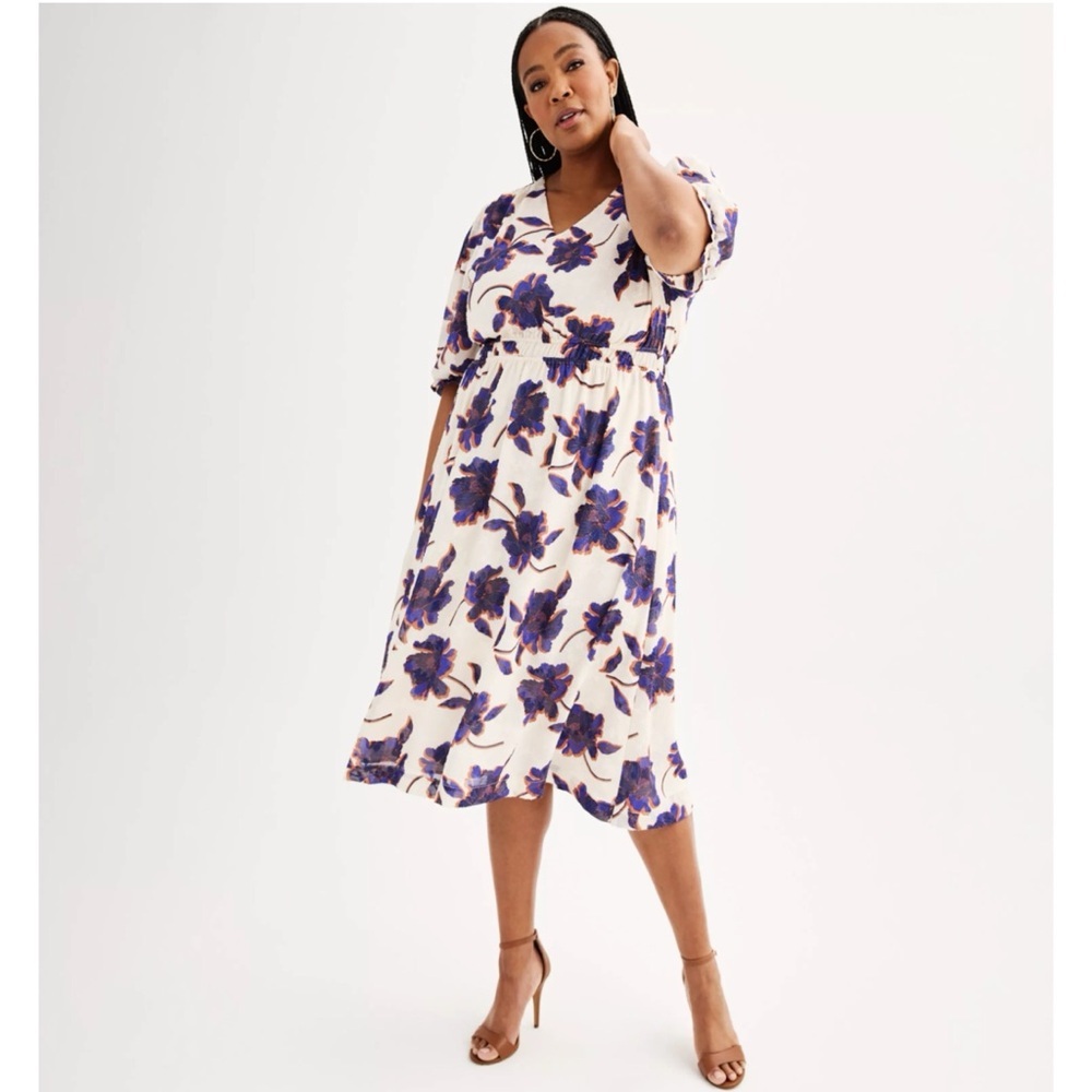 Draper James NWT 2X Jacquard Woven Midi Dress NEW Floral Lined V-Neck Wo…